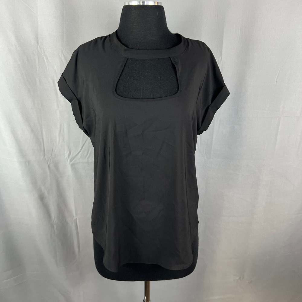 So Good For Life Blouse Top Womens Large Black Stretch Cutout Detail Curved Hem